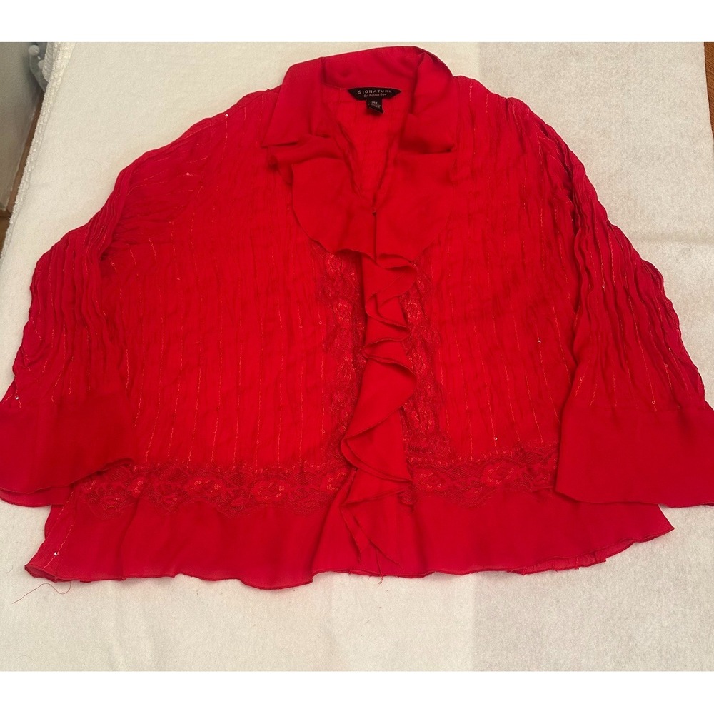 Signature by Robbie Bee Red Ruffle Blouse Plus 24W Lace Sequin Peplum Top